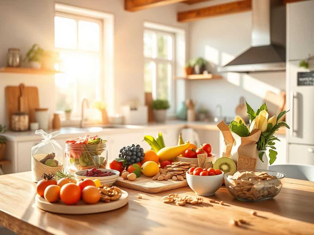 Nachhaltige Snack Tipps Bunte Gemüsesticks und Nüsse als nachhaltige Snacks auf einem Holzbrett