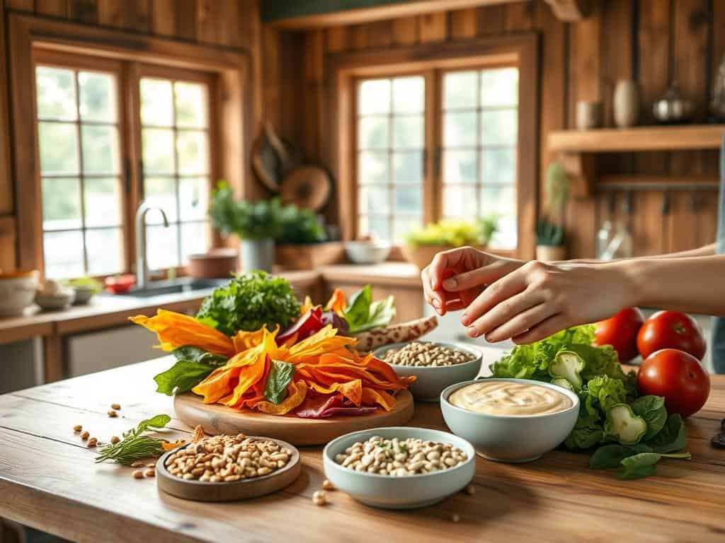 Schnelle Rezepte für nachhaltige Snacks Snack-Station im Büro mit Nüssen, Trockenfrüchten und frischem Obst